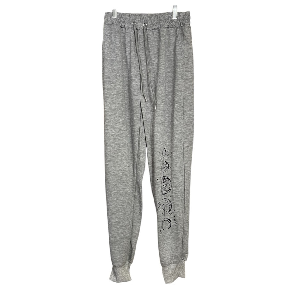 Light Gray Cotton Jogger Pants Moon Phase Witchy Sz M NWOT